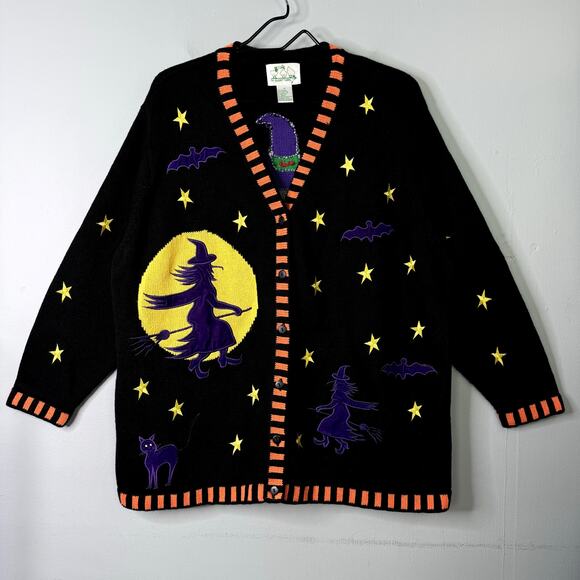 The Quacker Factory Sweaters - VTG 90s The Quacker Factory Halloween Splat Witch Bats Moon Cadigan Sweater 1X